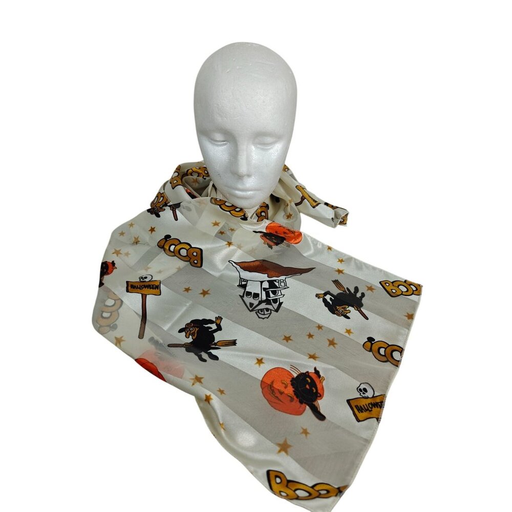 Vintage Halloween Sheer Scarf Haunted House Witch Black Cat & Pumpkin Print